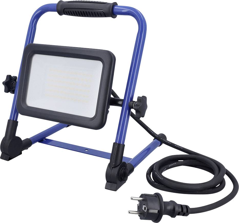 Prijenosna plava LED reflektorska svjetiljka sa čvrstim postoljem i dugim napojnim kablom, korištena za pružanje jakog osvjetljenja u radnim područjima.