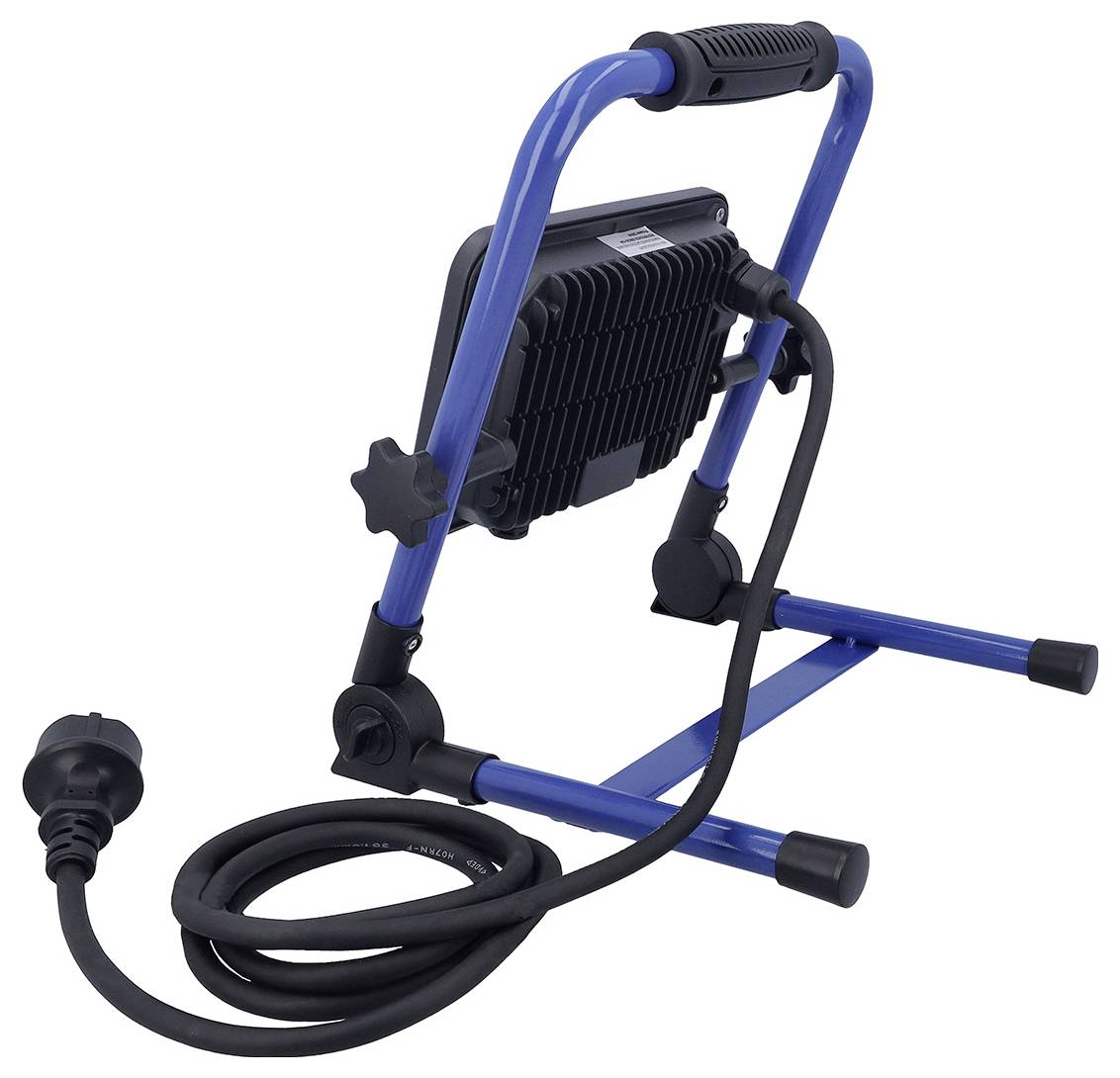 Prijenosna radna lampa sa čvrstim plavim okvirom i dugim priloženim elektriličnim kablom, dizajnirana za višenamjensku upotrebu i lako pozicioniranje.