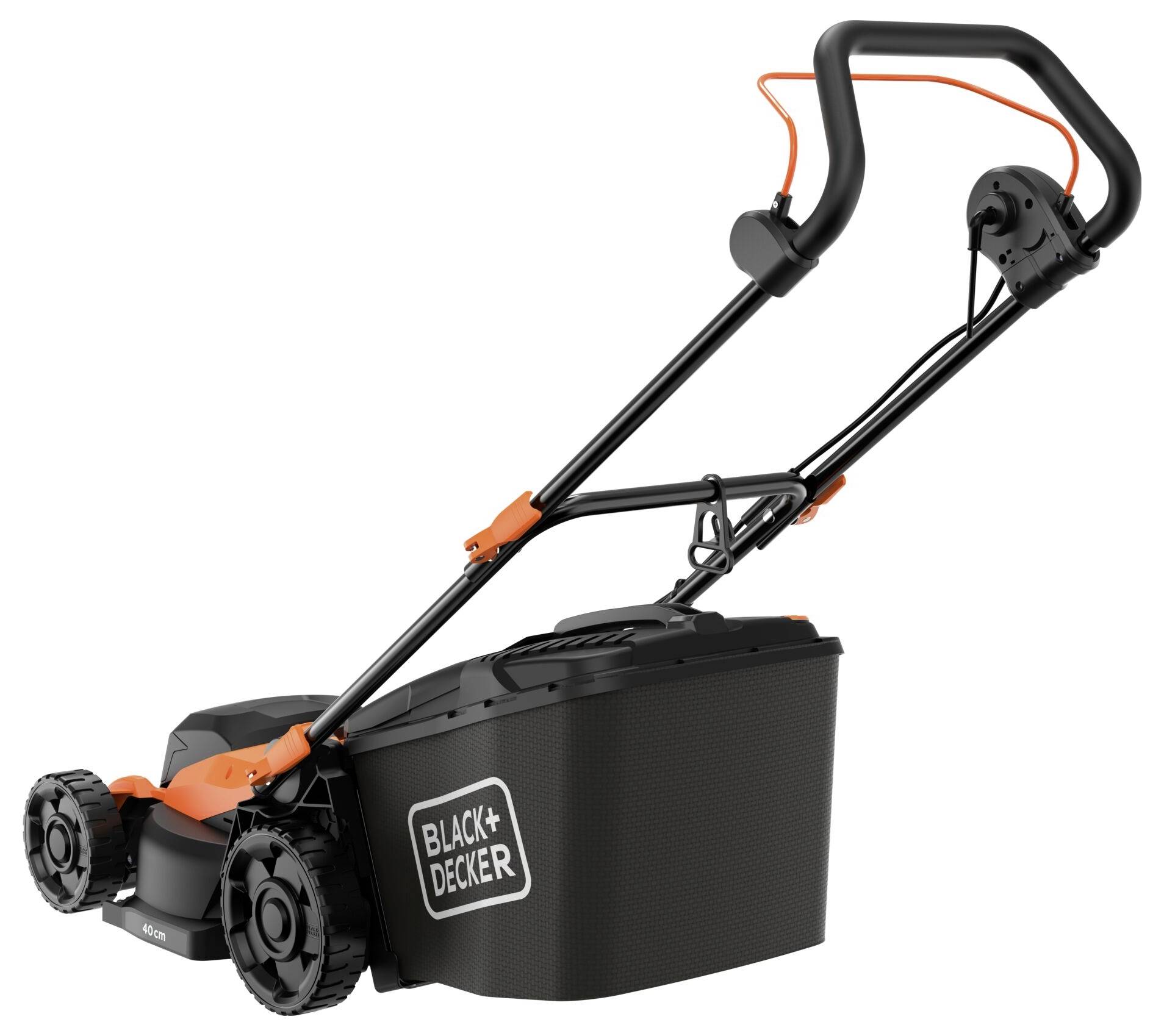 Čaća Black & Decker s crno-narančastim dizajnom, sa velikom vrećom za skupljanje trave i podesivom ručkom.
