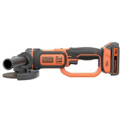 Prikazana je narančasto-crna bežična kutna brusilica marke 'Black + Decker' sa 18V litijskom baterijom i bočnom ručkom.