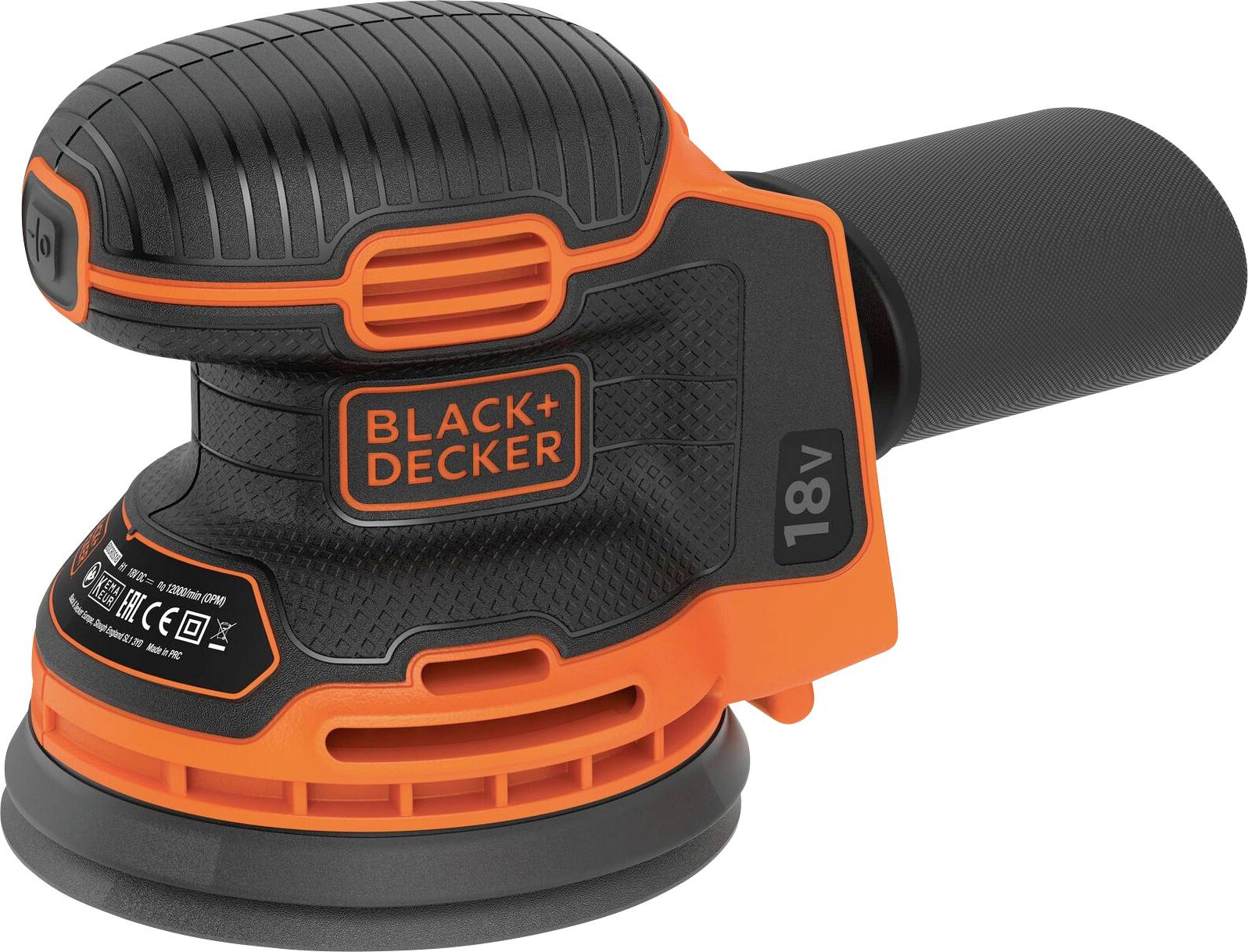 Bežični brusilica za ruke u narančastoj i crnoj boji označena sa 'Black+Decker 18V', dizajnirana za brušenje površina, sa okruglom bazom za brušenje.