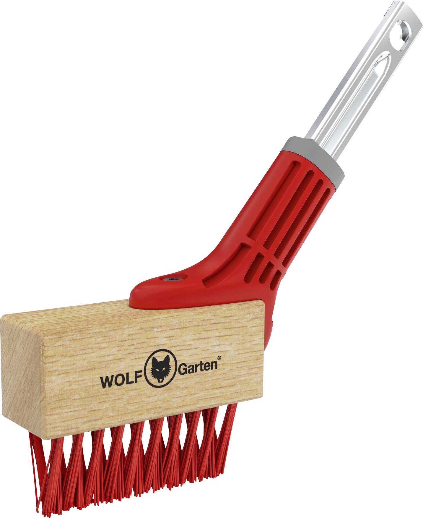 Alat s drvenom glavom četke i crvenim čekinjama, opremljen metalnim adapterom za ručku, sa znakom WOLF Garten.