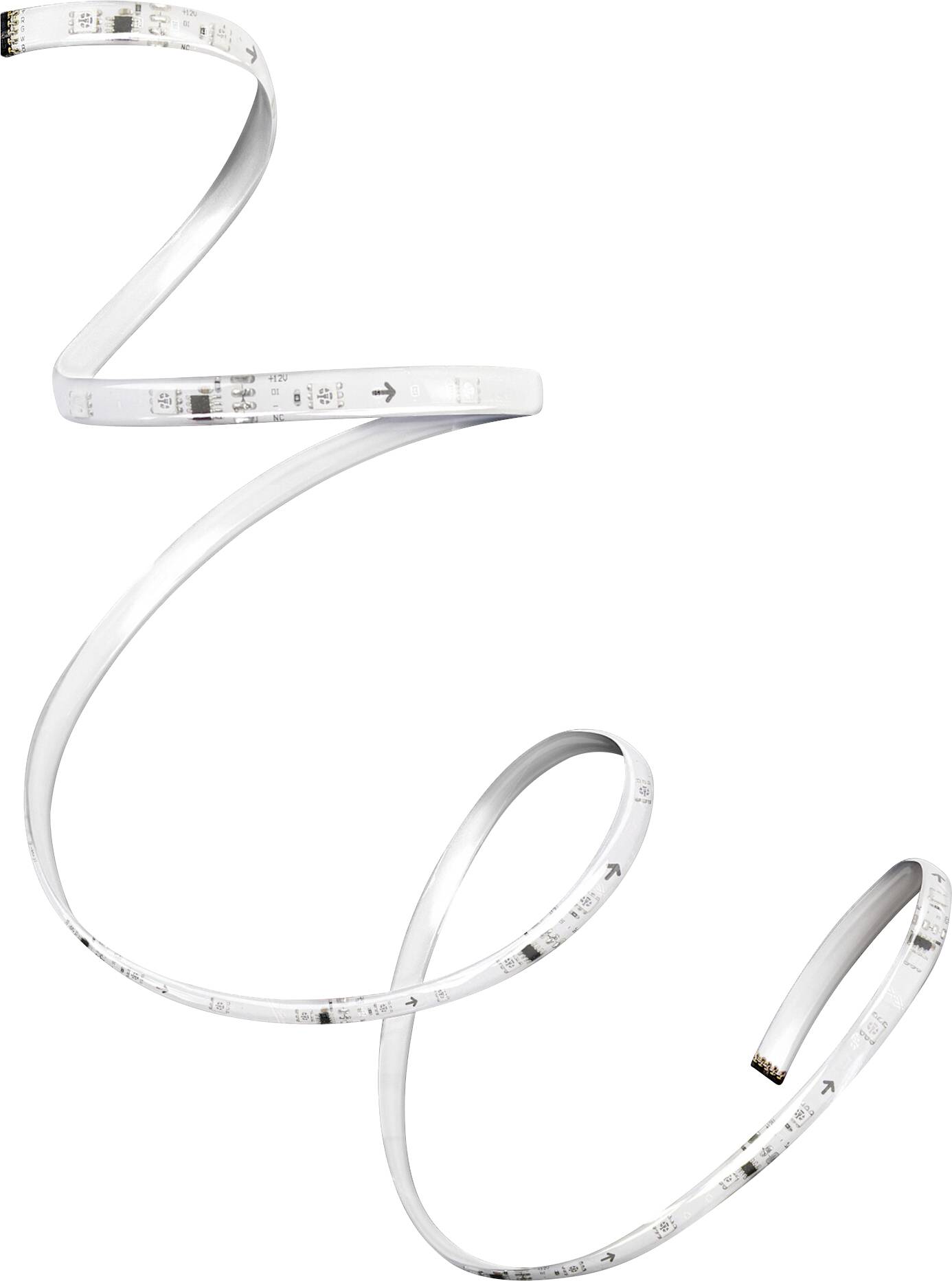 Bijela LED traka svjetla umotuljena u spiralni oblik, pokazujući njenu fleksibilnost i čvorove osvjetljenja, na običnoj pozadini.