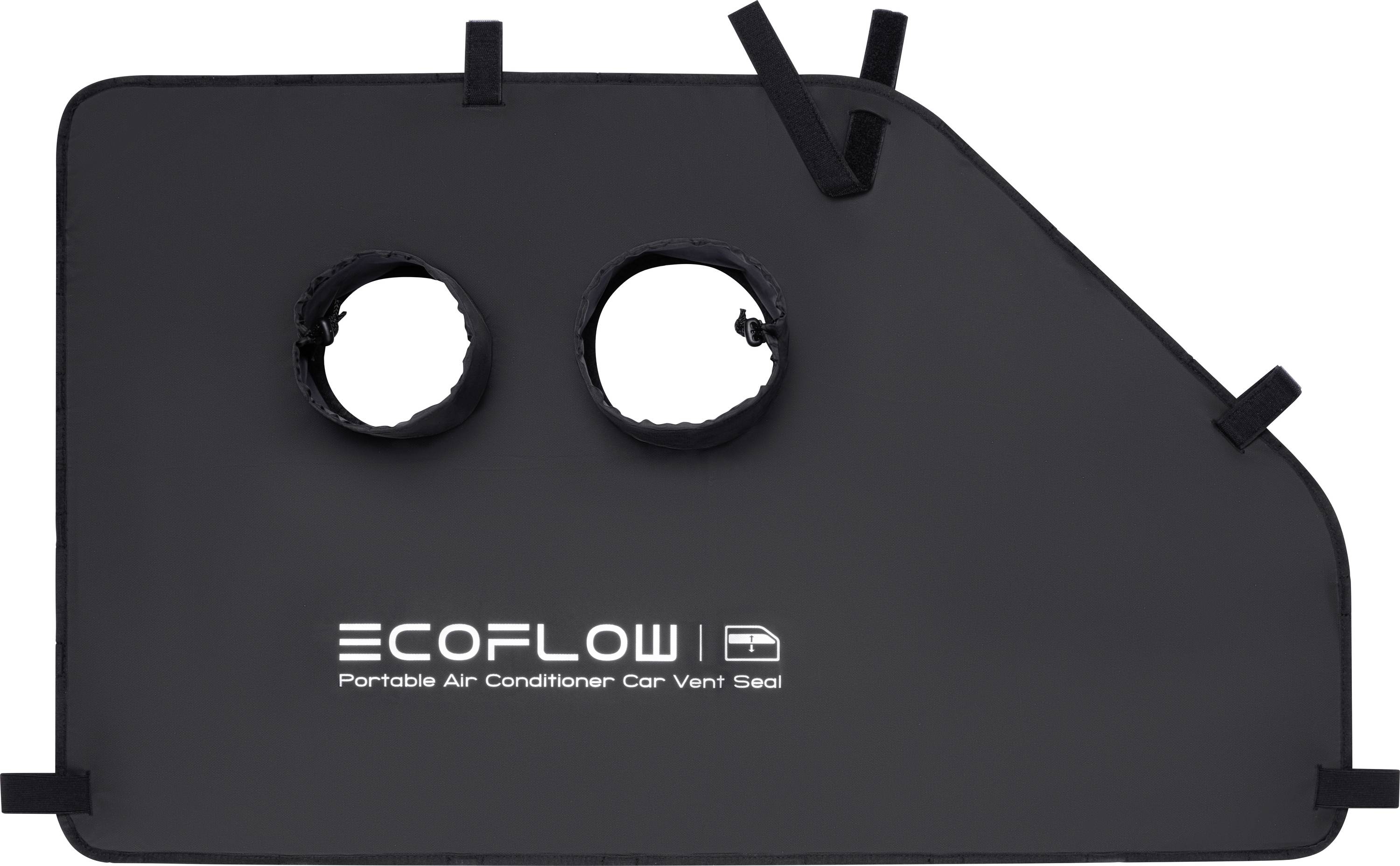 'Crni EcoFlow pokrivač za prozor automobila s dva kružna otvora i tekstom: EcoFlow Prijenosni klimatizator Brtva za ventil automobila.'