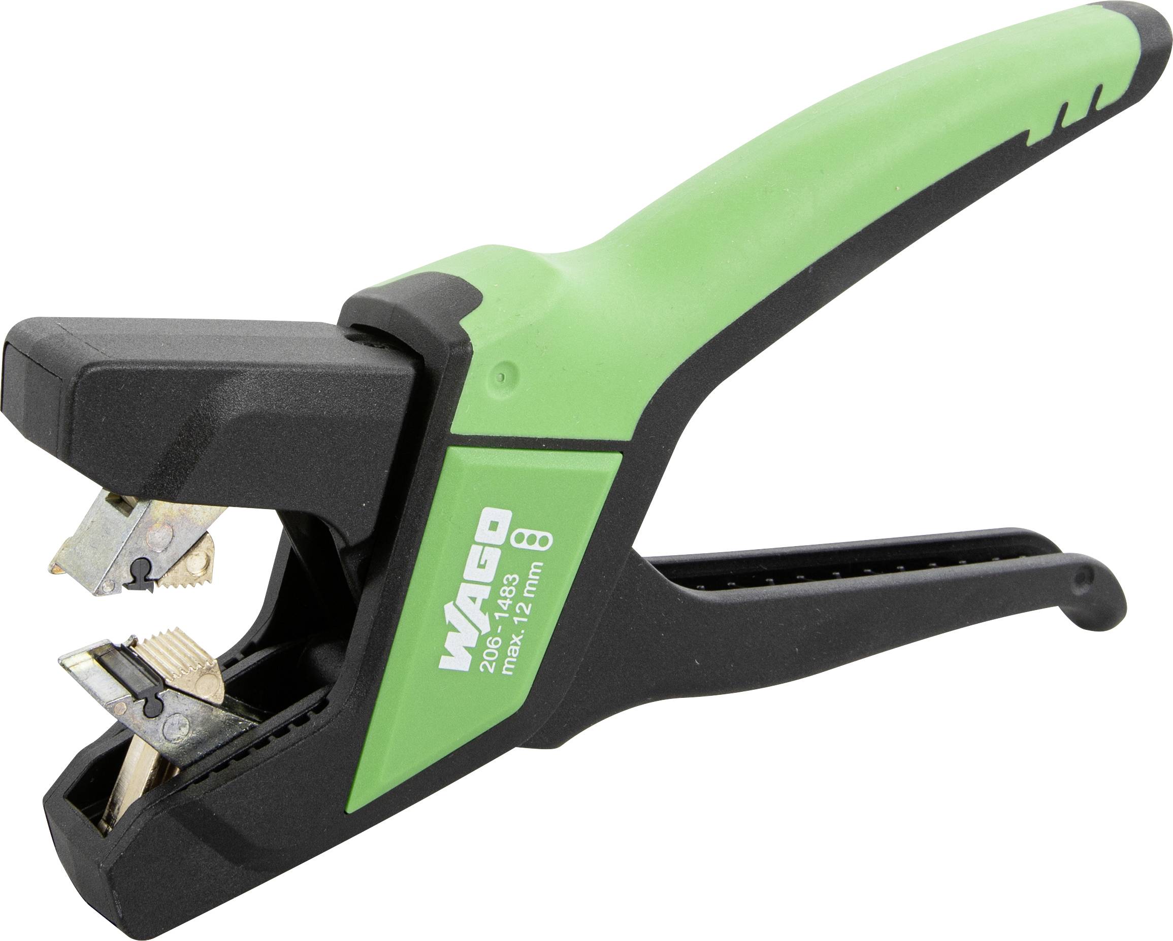 Zelena Wago traka za skidanje izolacije, pogled pod kutom, s crnom ručkom i vidljivim metalnim rezačima, označena s 'max 4-28 mm².'