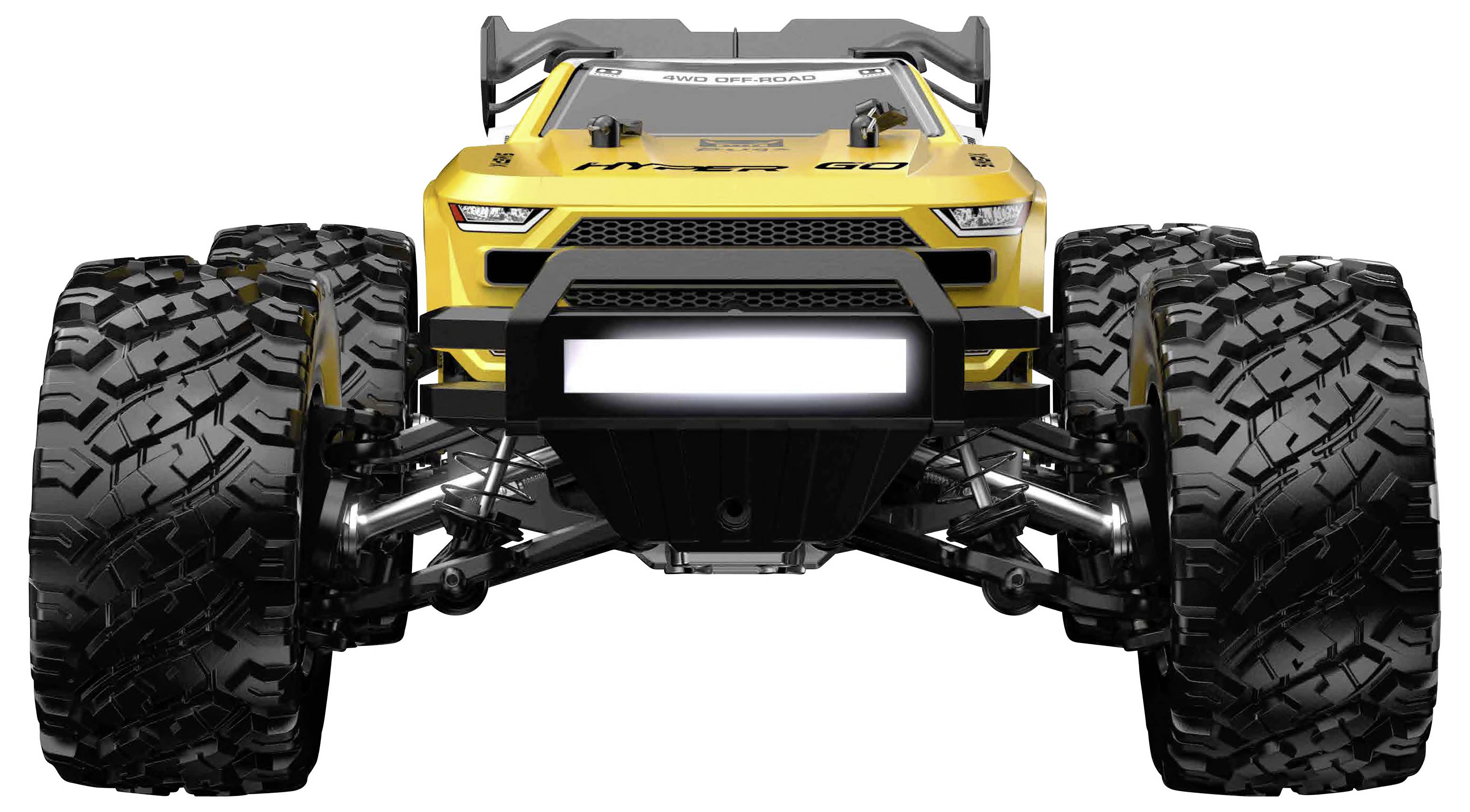 Crni 4WD RC buggy za vožnju po bespuću s preuvelikanim gumama i crvenim suspenzijskim sustavom, prikazan na bijeloj podlozi.