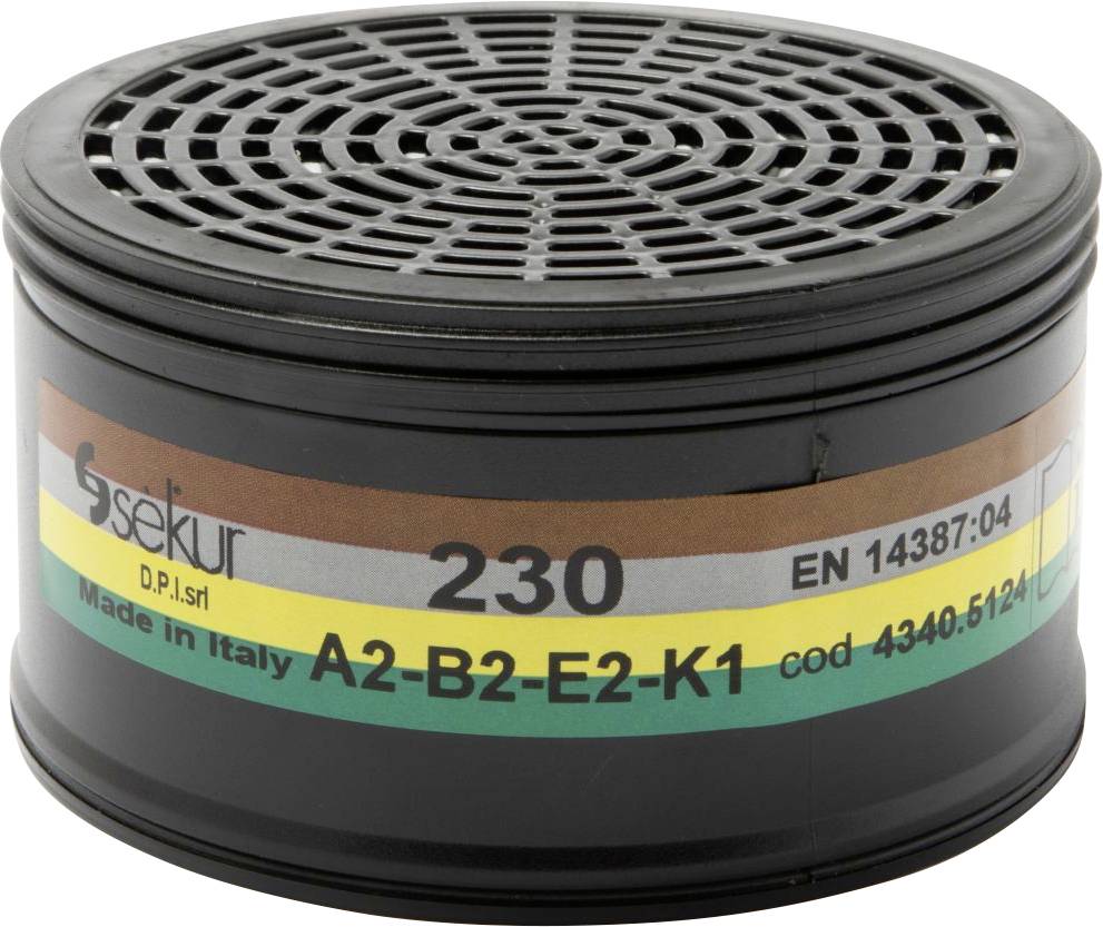 Kanister filtera za zaštitnu masku s mrežastim vrhom. Naljepnica prikazuje logo 'sekir', model '230' i 'A2-B2-E2-K1' za razine zaštite od kemikalija.