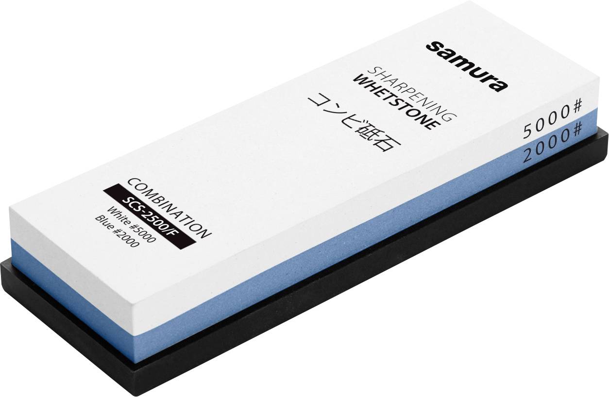 Dvoslojni kamen za oštrenje s gradacijama '5000#' i '2000#', označen 'samura', 'KAMEN ZA OŠTRENJE', koristi se za oštrenje oštrica.