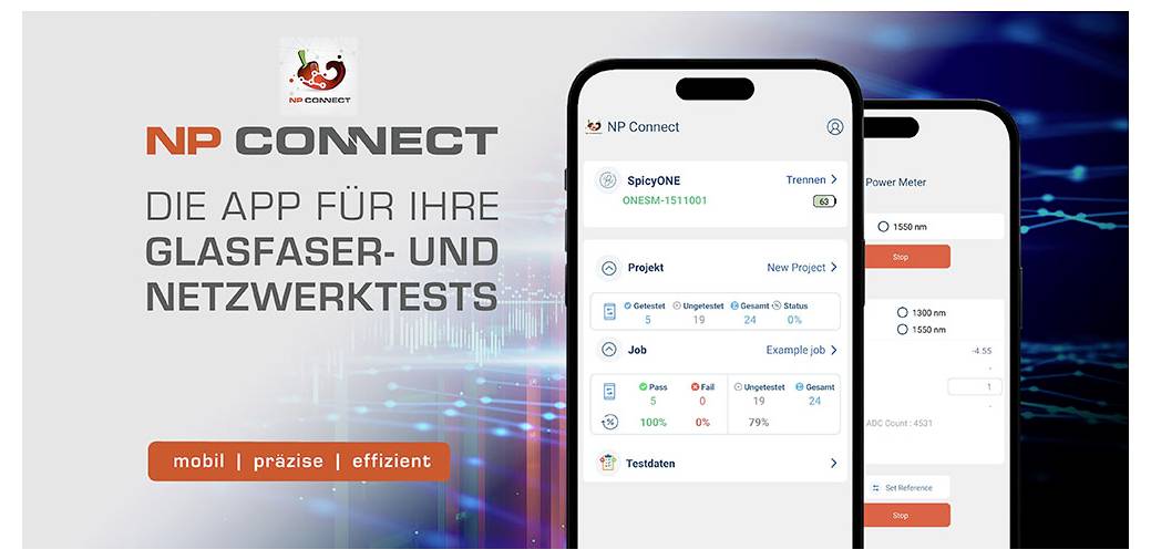 NP Connect aplikacija sučelja na zaslonima pametnog telefona prikazuje alate za testiranje mreže. Tekst glasi: 'Aplikacija za vaše testove optičkih vlakana i mreže.'
