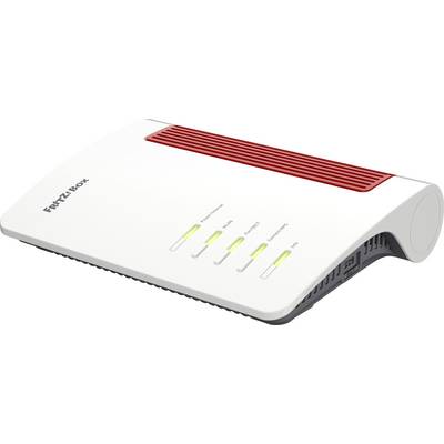 Bijeli bežični usmjerivač s crvenim akcentima, označen 'FRITZ!Box', prikazuje svjetla za informacije, telefon, WLAN i napajanje/internet.