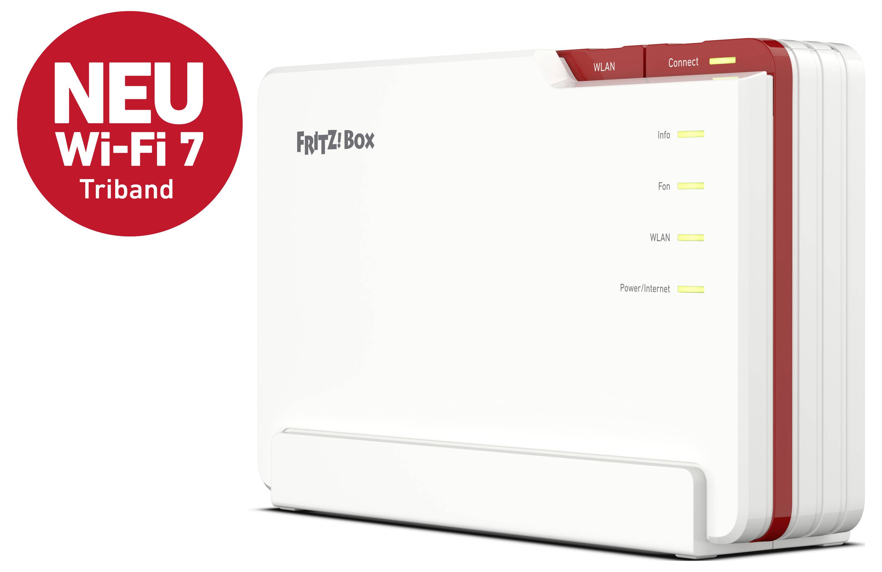 FRITZ!Box usmjerivač s Wi-Fi 7, podrška za tri frekvencijske pojasa, crveno-bijeli dizajn, označena svjetla za Info, Fon, WLAN i Power/Internet.