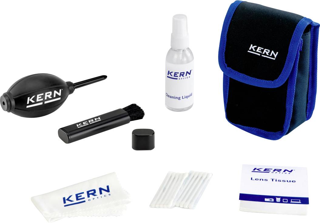 Komplet za čišćenje fotoaparata koji uključuje puhač, tekućinu za čišćenje, četku, futrolu, krpu, paličice od pamuka i papir za čišćenje leća, sve marke 'KERN'.