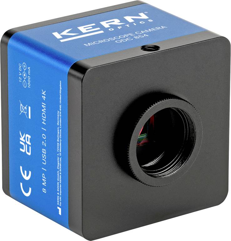 Crna i plava KERN ODC 864 mikroskopska kamera, 8 MP sa USB 2.0 i HDMI 4K konekcijama, sa različitim simbolima certifikacije.