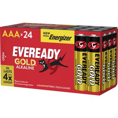 'Eveready Gold alkalne AAA baterije, pakovanje od 24 komada, traju do 4 puta duže. Novo od Energizera. Pakovanje sa grafikom mačke u trku.'