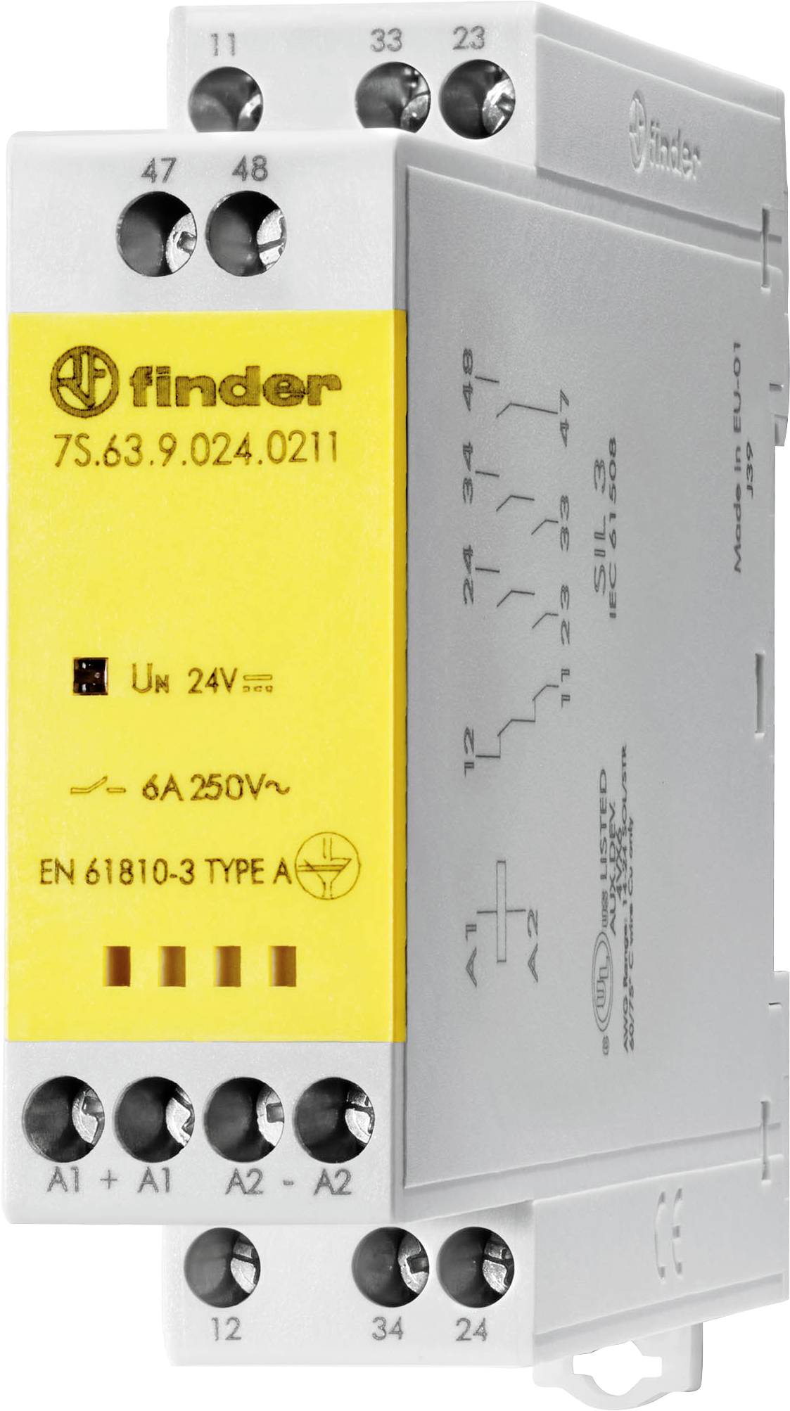 'Relej Finder Tip A' prikazuje električne vrijednosti: 6A 250V~, napon zavojnice 24V. Sadrži sheme spajanja i sigurnosne certifikate.