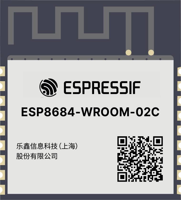 Modul 'ESPRESSIF ESP8684-WROOM-02C' s QR kodom i kineskim tekstom na pozadini računalne čipe.