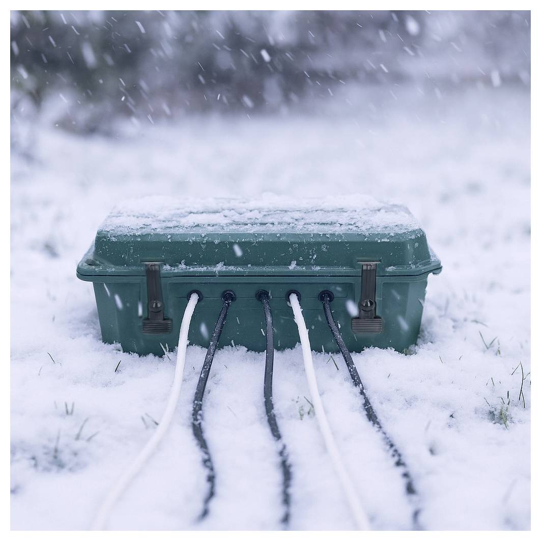 Zelena vanjska električna kutija u snježnom polju, s nekoliko crnih i bijelih kablova koji se protežu iz nje, prekrivenih laganom snježnom navlakom.