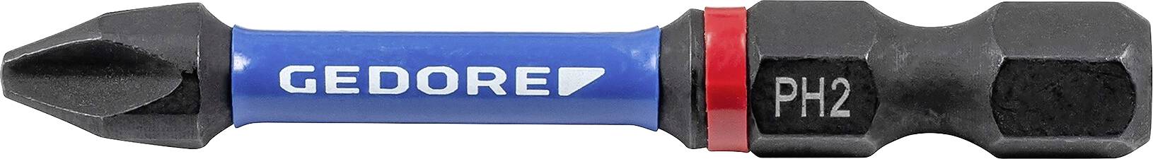 Završni dio odvijača s plavom drškom označenom s 'GEDORE' i 'PH2'. Ima šesterokutni drški dizajniran za upotrebu s alatima na električni pogon.