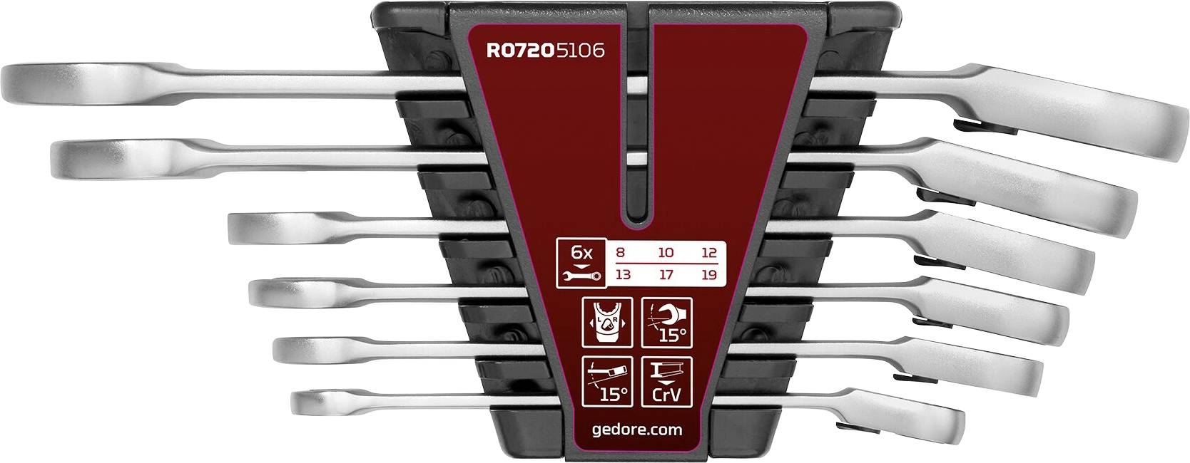 Skup od osam šesterokutnih ključeva organiziranih u stalak, s veličinama koje se kreću od 10 do 19. Stalak je crven s markom i ikonama.