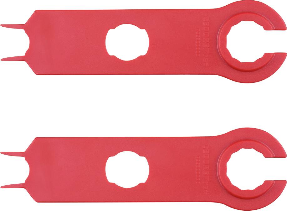Dva crvena plastična ključa, dizajnirana za zatezanje i otpuštanje specifičnih mehaničkih spojeva, prikazana jedan pored drugoga pred neutralnom pozadinom.