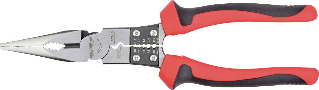 Par crvenih i crnih dugonošnih klesala sa nazubljenim čelistima i rezačem za žicu, korišćenih za hvatanje i rezanje žice u elektroinstalacijskim radovima.