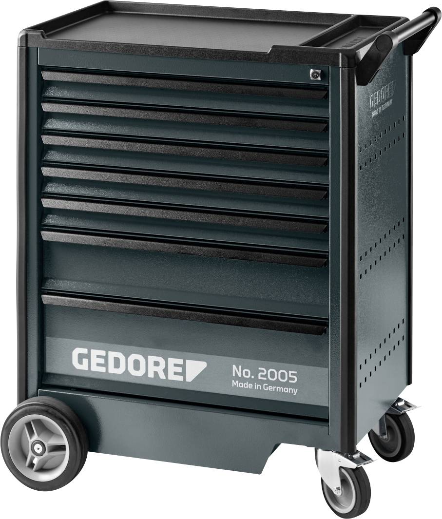 Mobilni alat za vozak sa pet ladica, označen 'GEDORE br. 2005 Izrađeno u Njemačkoj', s velikim kotačima i ručkom za lagan transport.