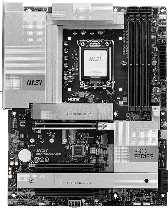 MSI PRO Z890-A WIFI matična ploča s Intel CPU utičnicom, četiri utora za RAM, PCIe utore, hladnjake i M.2 zaštite.
