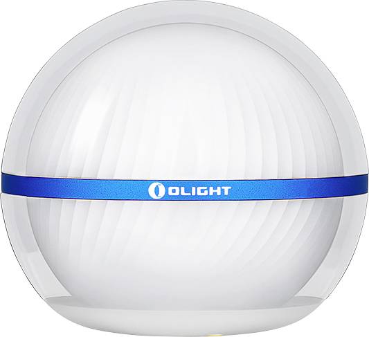 Sferično bijelo LED svjetlo s plavom trakom s oznakom "OLIGHT" u sredini, dizajnirano za osvjetljenje.
