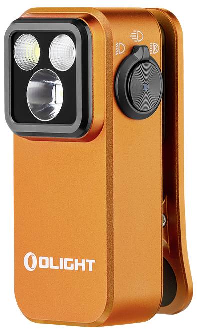 Kompaktna narančasta baterijska lampa s kopčom, opremljena s dva okrugla LED svjetla i gumbom za uključivanje/isključivanje. Marka "OLIGHT" je ispisana na boku.