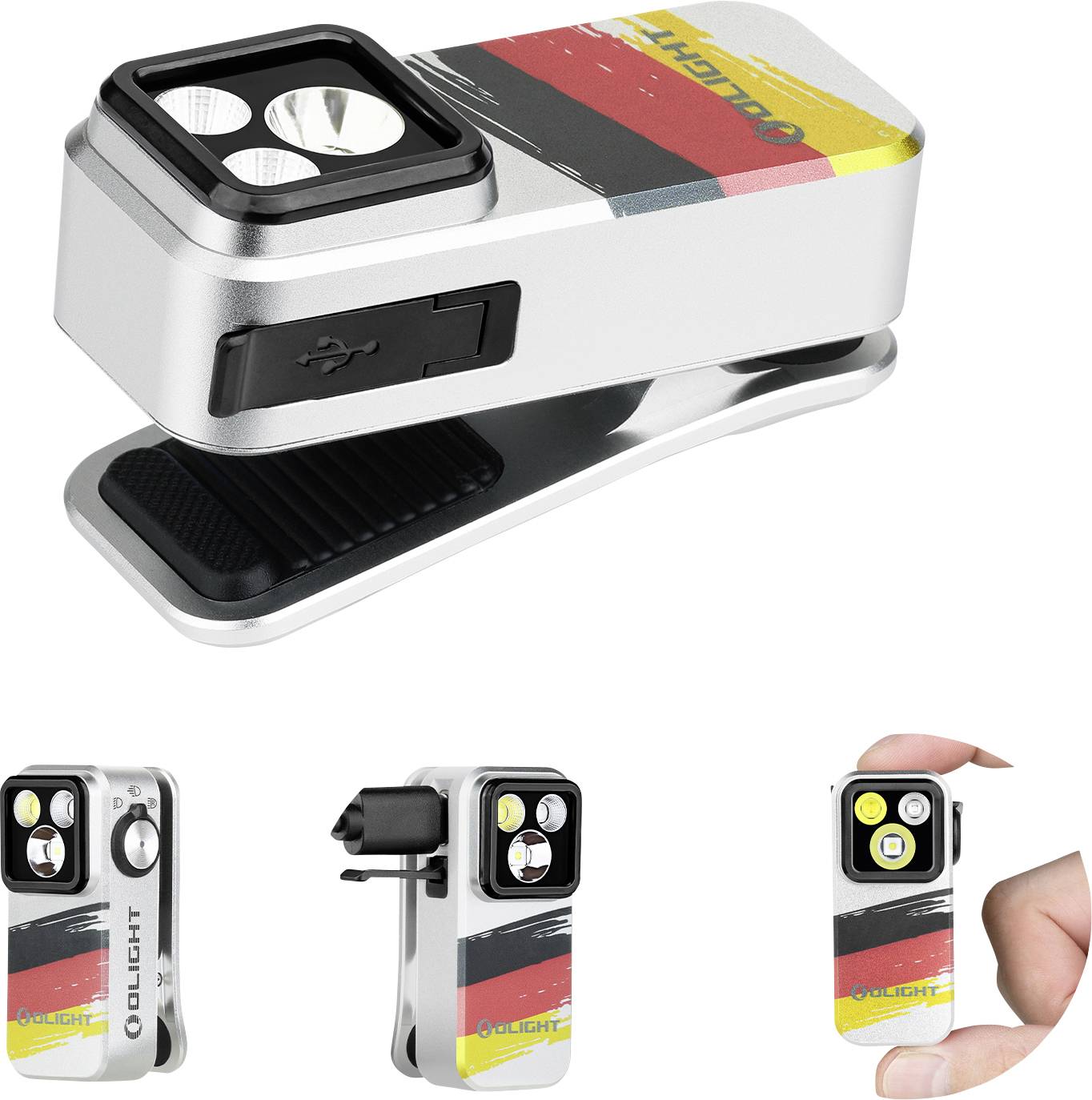 Kompaktna svjetiljka s kopčom, s USB portom za punjenje i dvostrukim LED svjetlima. Prikazana u ruci i pričvršćena, vidljivo brending.