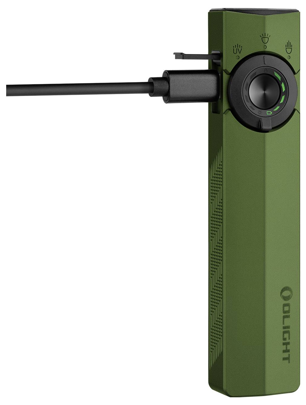 Zelena ručna baterijska lampa s priloženim USB kabelom za punjenje, s LED indikatorom i teksturiziranim hvatom, marke 'OLIGHT'.