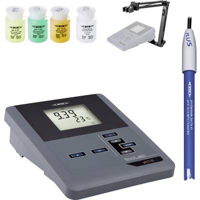 Skup laboratorijske pH metra uključuje digitalni pH metar sa zaslonon, četiri boce pH puferske otopine, stalak za elektrodu i pH elektrodu.