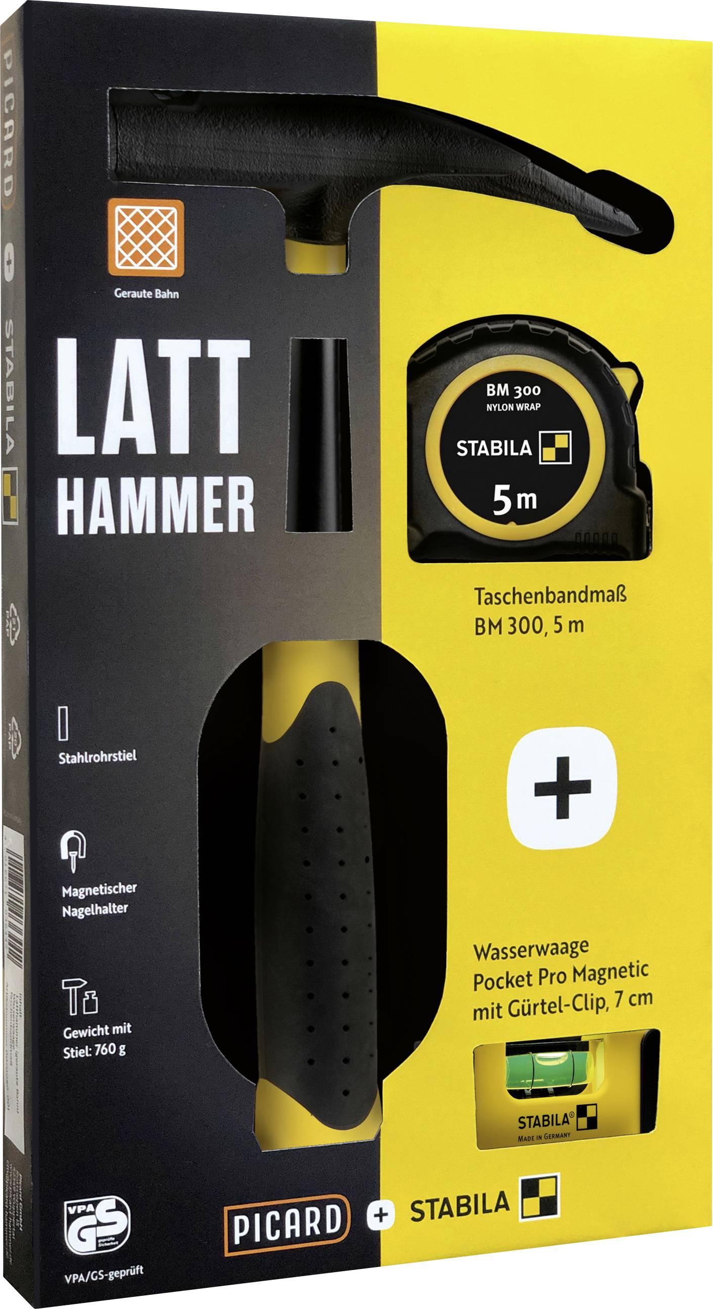 Komplet 'Latt Hammer' uključuje čekić, mjerni trak od 5m i magnetski džepni libelu od 7cm. Alati su prikazani u brendiranoj ambalaži.