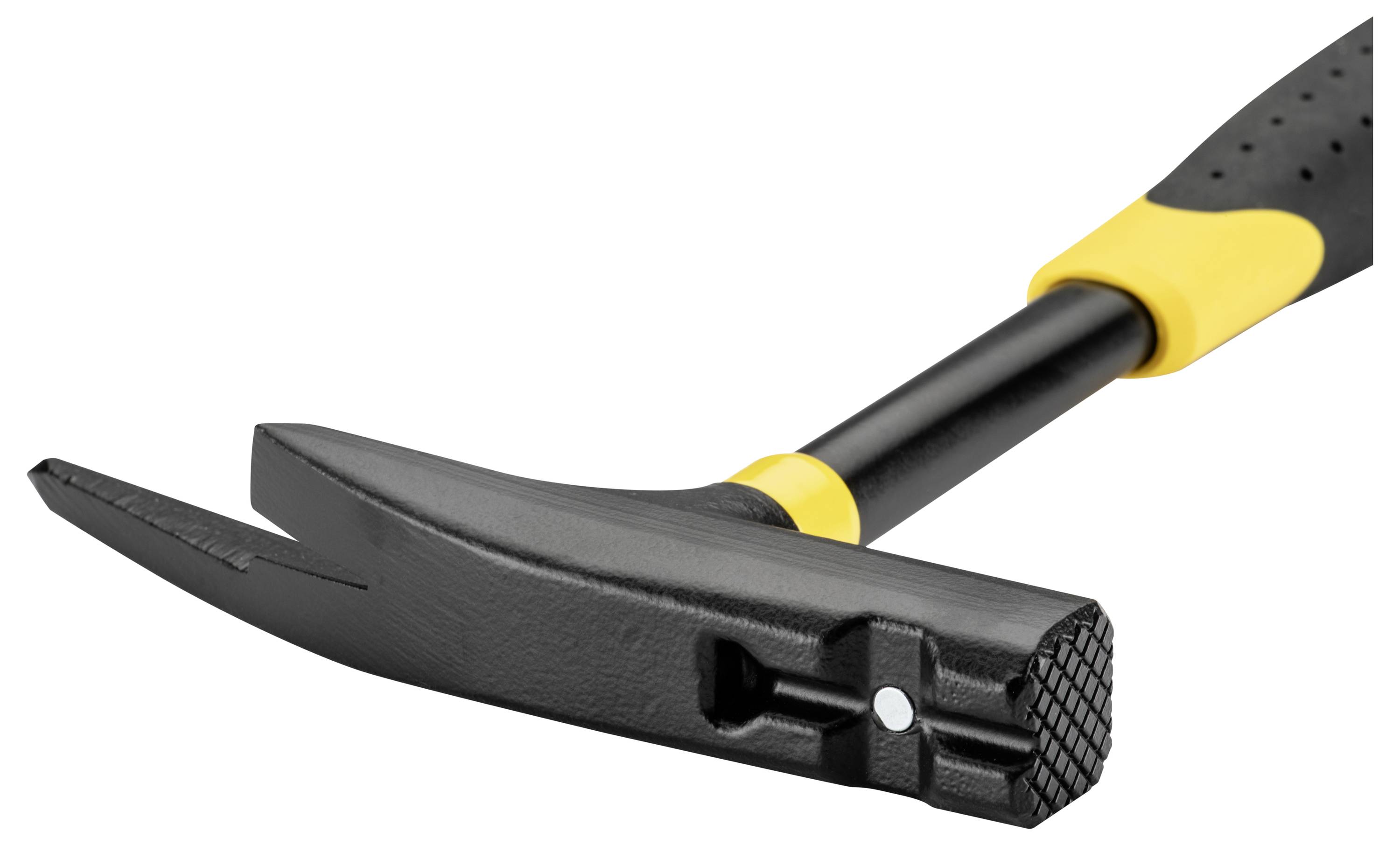 Crni i žuti razvojni polug s oštrom kandžom i glavom čekića počiva na bijeloj pozadini.