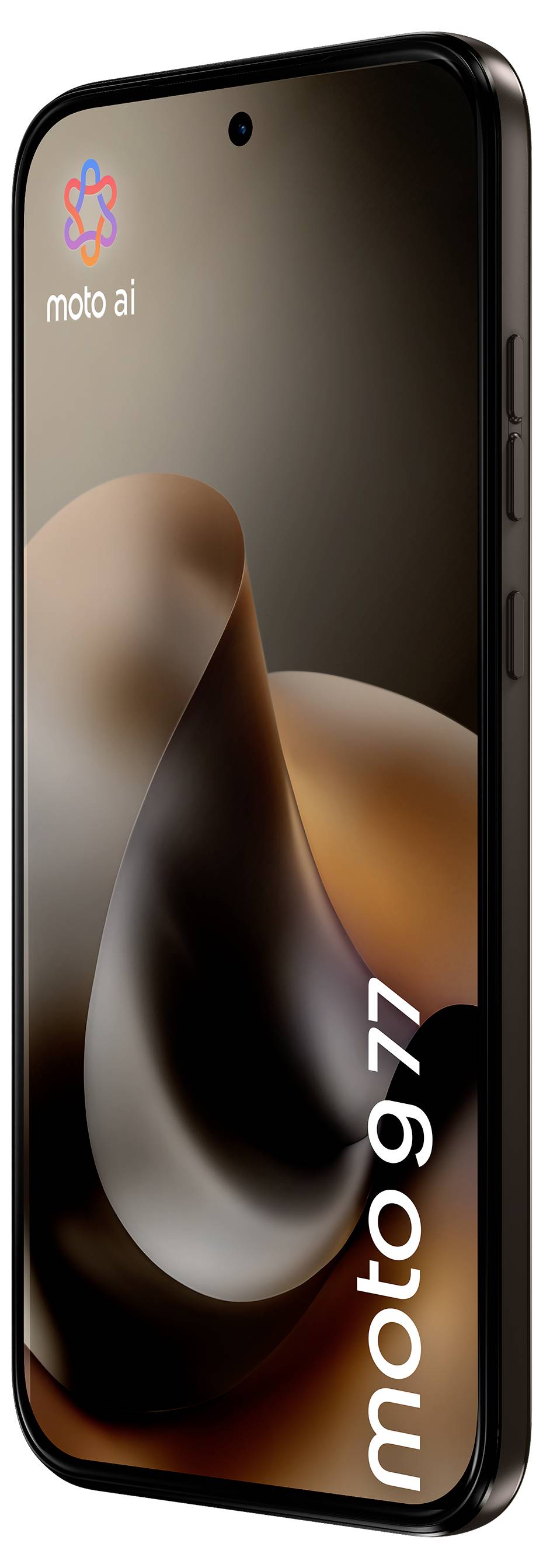 Pametni telefon s markom „moto g77", s elegantan dizajnom i zaslonom s apstraktnim smeđim i crnim vrtlozima.