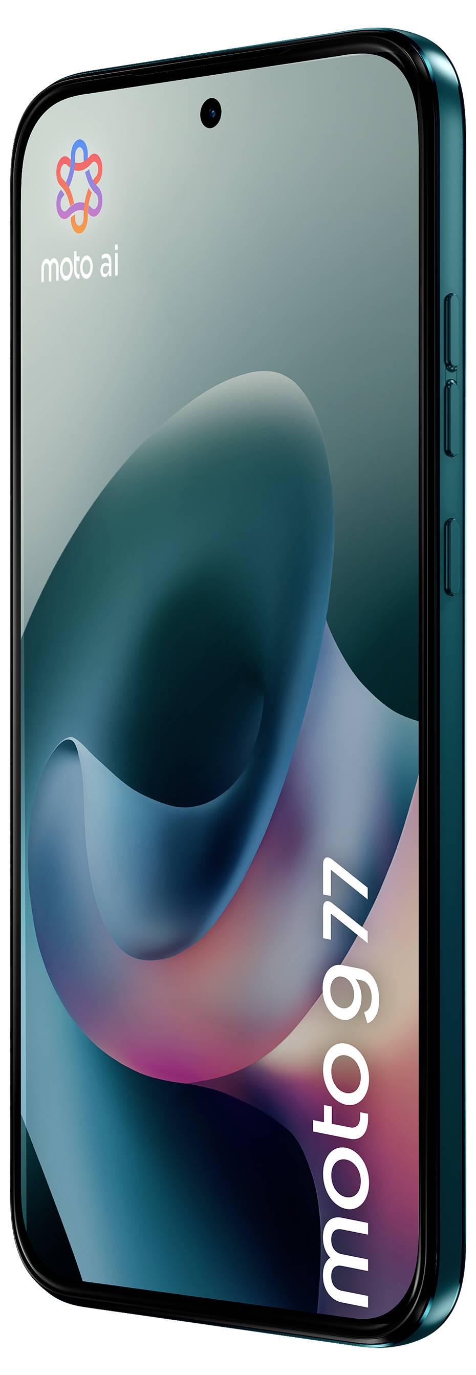 'Prednji pogled Moto G77 pametnog telefona sa elegantnim dizajnom, teal okvirom i živahnom apstraktnom zaslikom. Moto AI logotip u gornjem lijevom kutu.'
