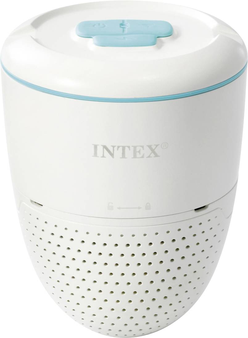 Intex bijeli čistač zraka s plavom kontrolnom pločom na vrhu, s perforirane donje sekcije za filtriranje zraka.