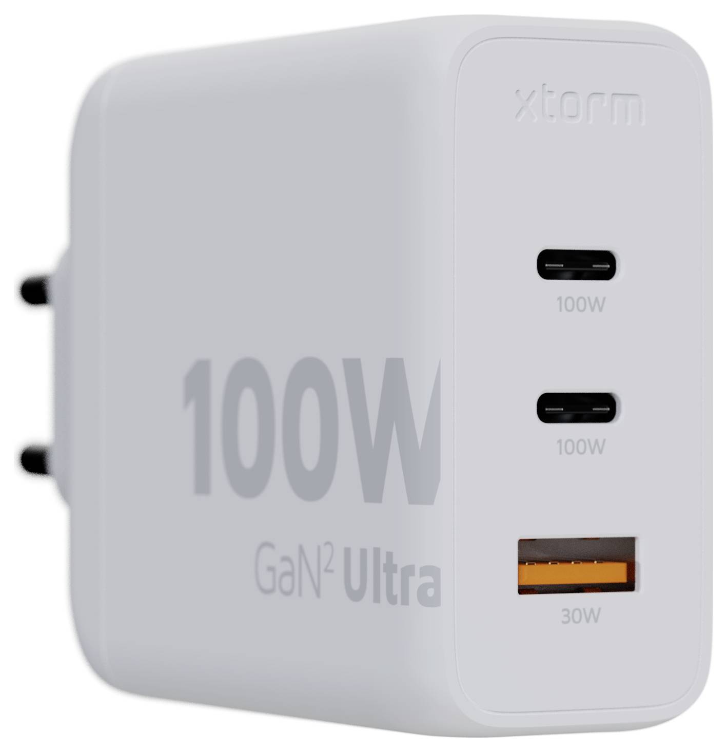 Bijeli GaN punjač s dva USB-C priključka od 100W i jednim USB-A priključkom od 30W, dizajniran za brzo punjenje više uređaja istovremeno.
