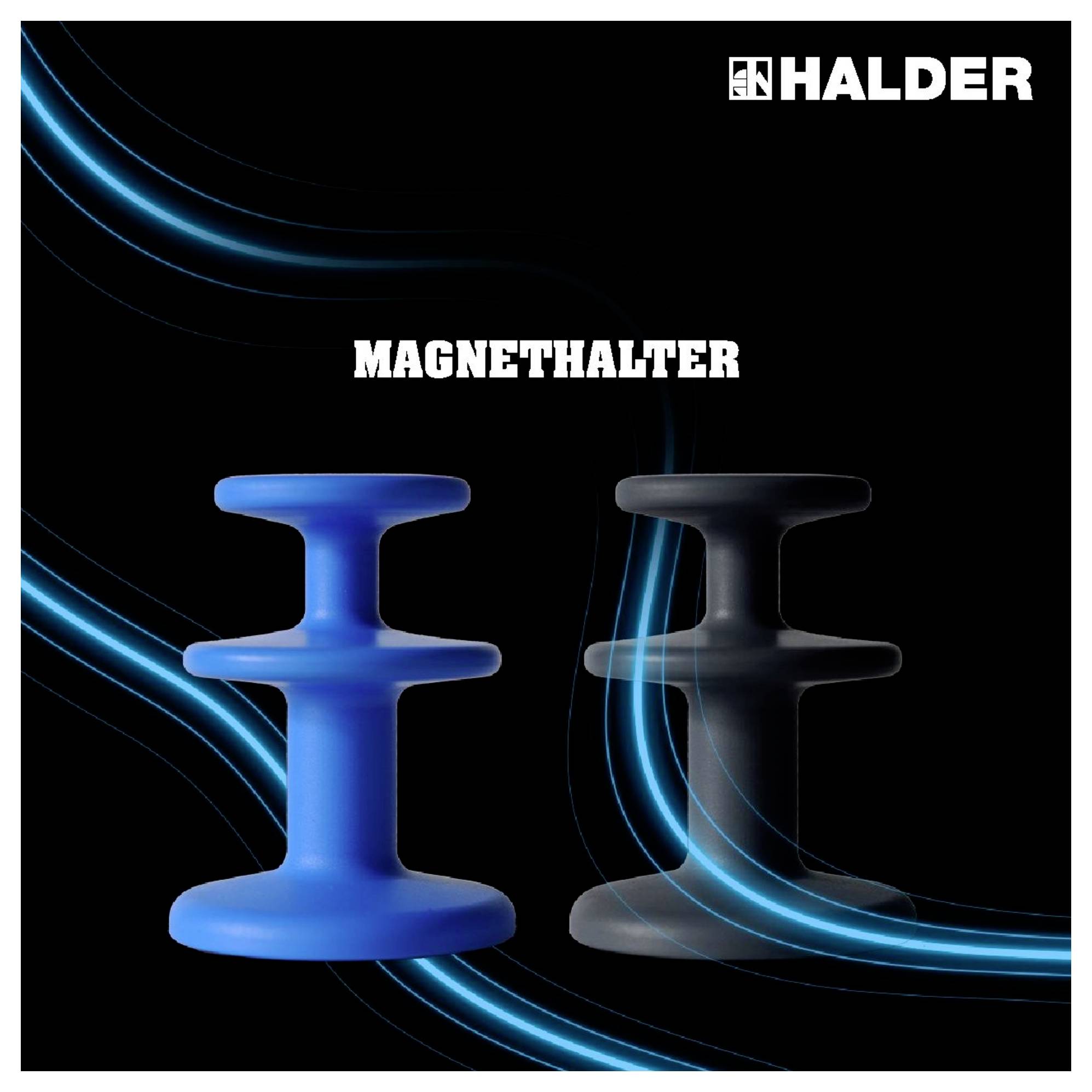 Dva magnetna držača u plavoj i crnoj boji, s tekstom 'Magnethalter' i logom marke u gornjem desnom kutu.