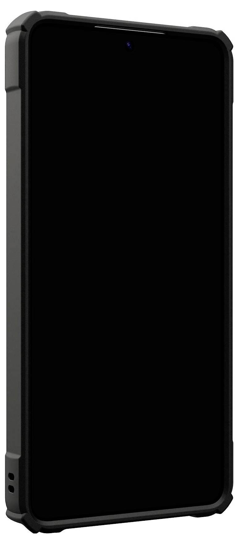 Crni pametni telefon s robusnom, zaštitnom futrolom prikazan na bijeloj pozadini. Zaslon telefona je isključen.