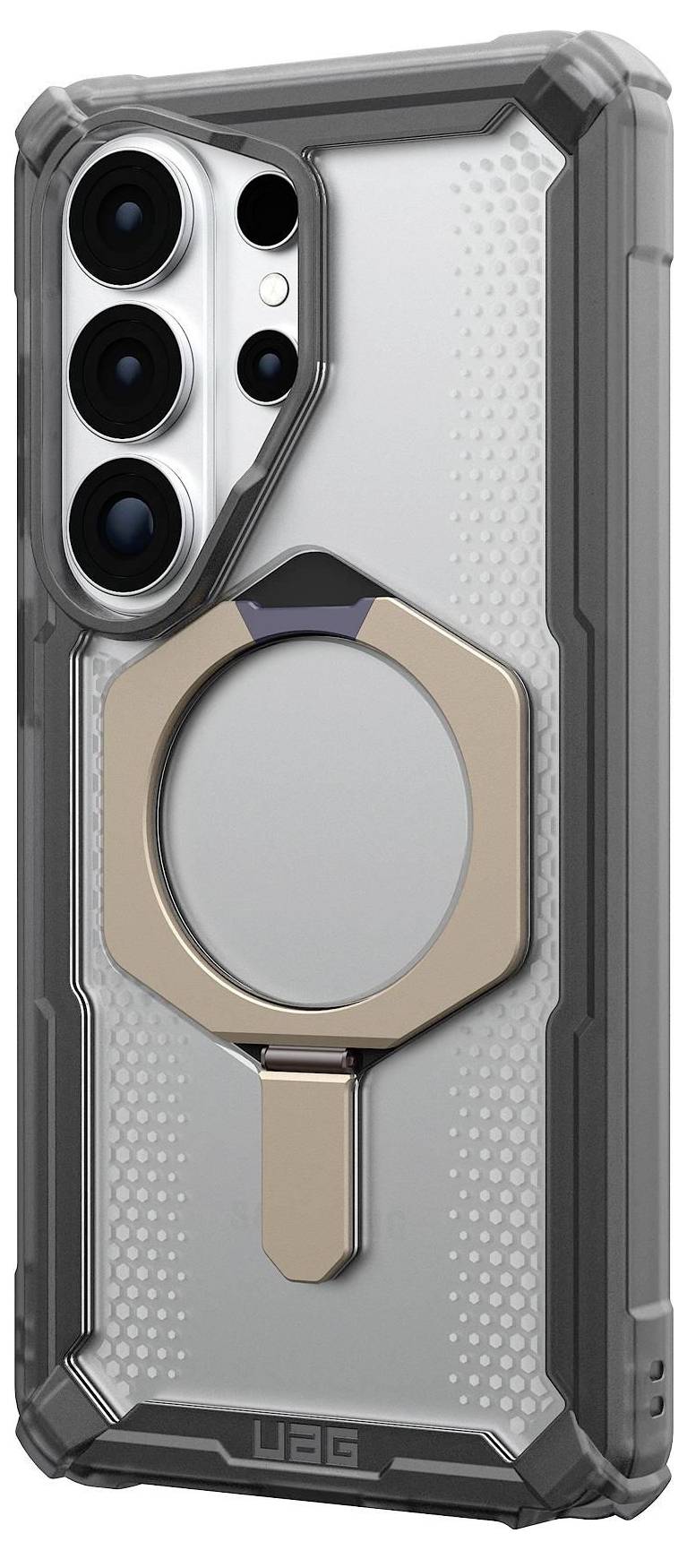 Otporna futrola za telefon sa heksagonalnim uzorkom i velikim 'UAG' logotipom, dizajnirana za pametni telefon s trostrukom kamerom.