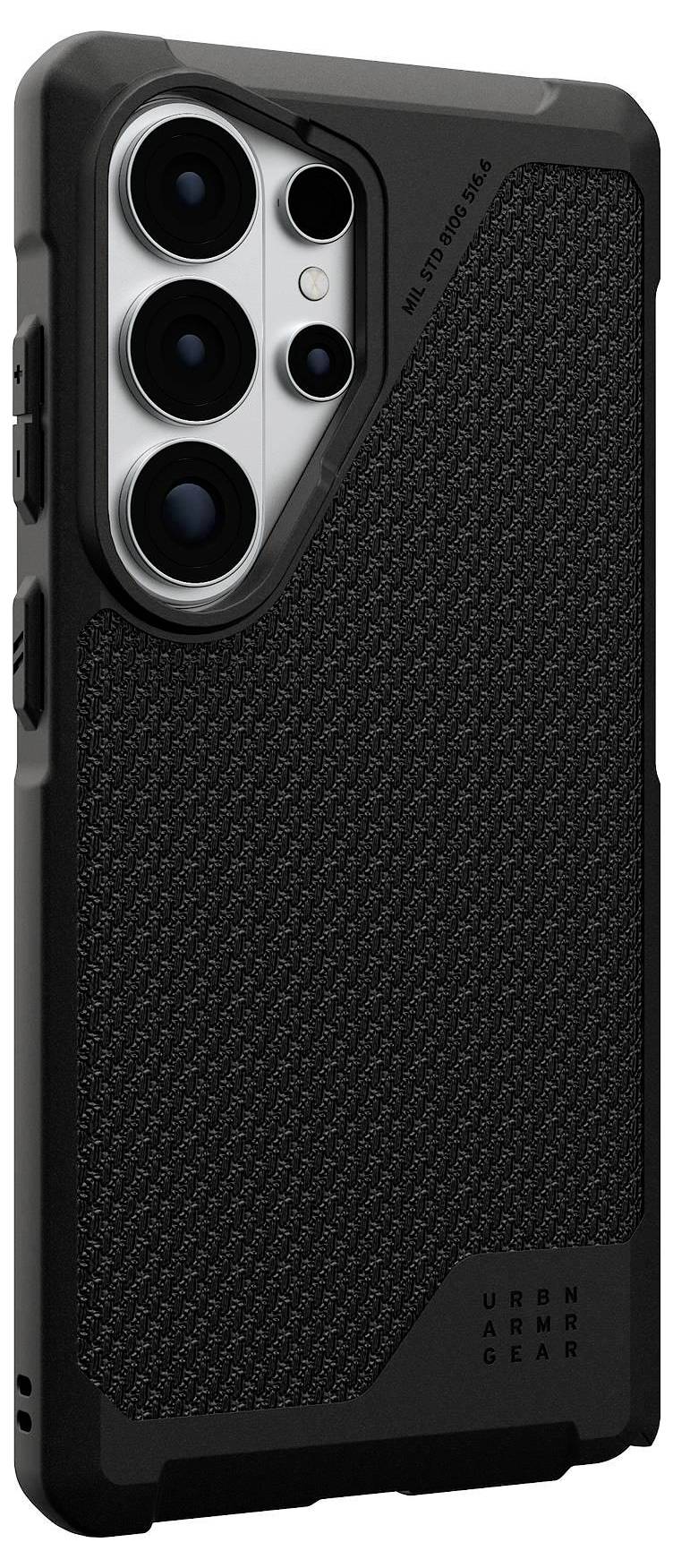 Crni pametni telefon nagnut s osjajnom zaslonom, s gradijentnim dizajnom. Uređaj ima elegantan, minimalističan izgled.