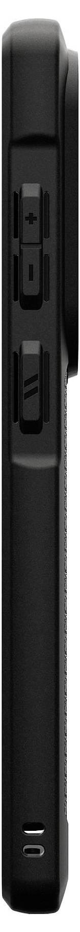 Slika prikazuje pogled odozgo na futrolu za pametni telefon s izrezima za gumb i priključke, izrađenu od tamnog materijala.