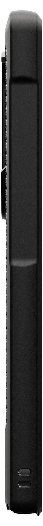 Vertikalni pogled na zatvoreni crni laptop, prikazujući njegovu glatku stranu i šarku.