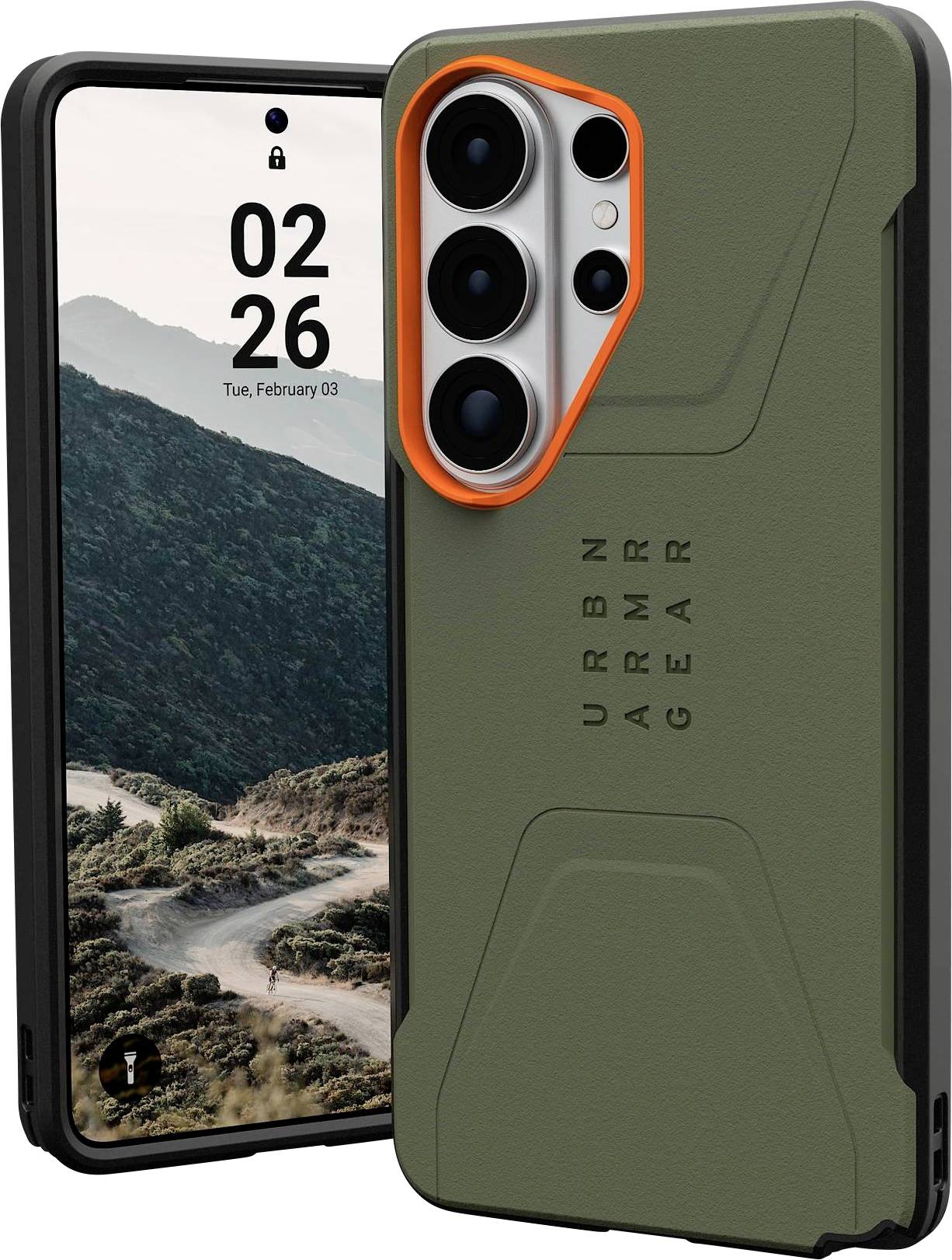Izdržljiv, sivi futrola za pametni telefon s heksagonalnim uzorkom prikazan je pored telefona koji prikazuje prekrasan pogled na obalnu liticu na ekranu.
