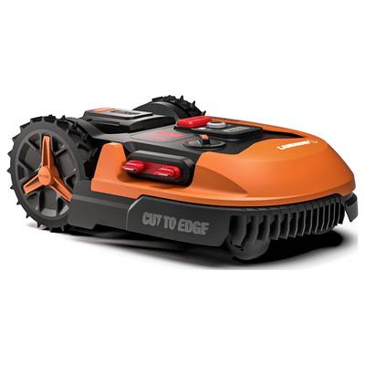 Slika prikazuje narančasti robotski travnjak s brendom 'Landroid'. Ima robustan dizajn i velike kotače za održavanje trave.