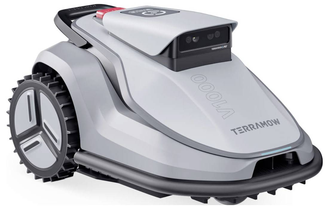 Elegantan, moderni robotski kosilac za travu s velikim kotačima i kamerom na vrhu, robne marke 'TERRAMOW V1000', dizajniran za automatizirano održavanje vrta.
