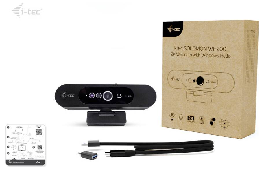 'i-tec SOLSOMON WH200 2K Webcam' uključuje web kameru, USB kabel i ambalažu sa vidljivim uputama za postavljanje.