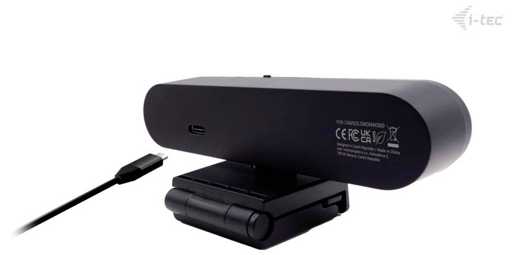 'Stražnji pogled na web kameru s USB-C priključkom i vidljivim brendiranjem na površini, zajedno s USB-C kablom za povezivanje.'