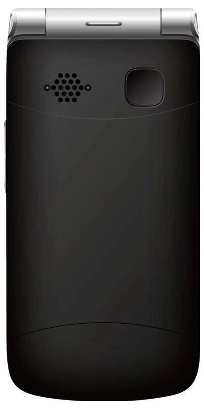 Slika pokazuje pogled sa stražnje strane crnog preklopnog telefona s objektivom kamere i rešetkom zvučnika na vrhu.